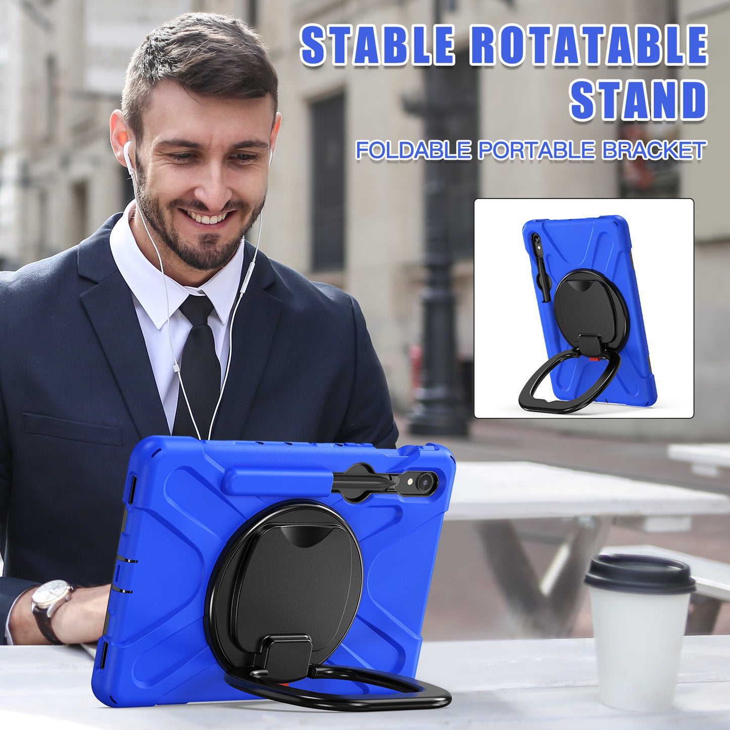 For Samsung Galaxy Tab S9 FE / S9 / S8 / S7 Hard PC+Soft Silicone Case Rotating Kickstand Shockproof Tablet Cover - Blue+Black