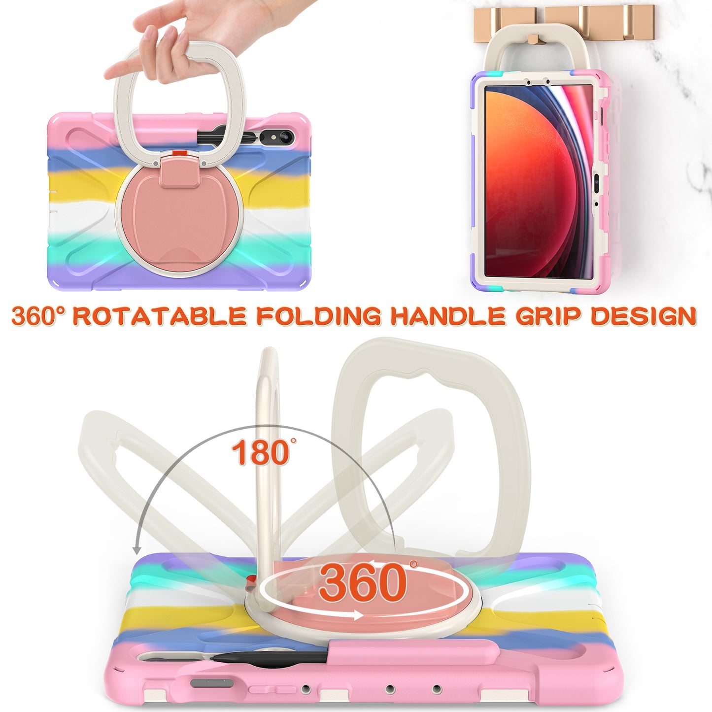 For Samsung Galaxy Tab S9 FE / S9 / S8 / S7 Hard PC+Soft Silicone Case Rotating Kickstand Shockproof Tablet Cover - Colorful Pink