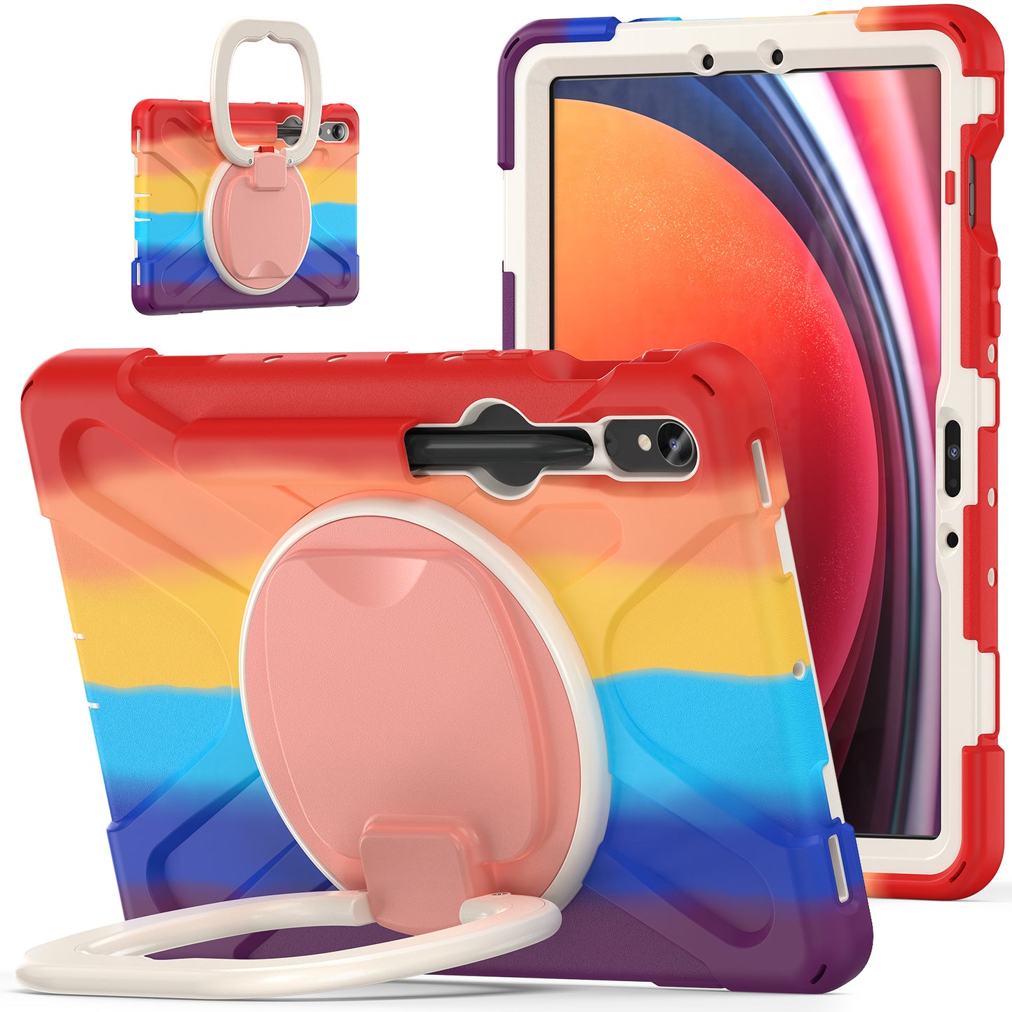 For Samsung Galaxy Tab S9 FE / S9 / S8 / S7 Hard PC+Soft Silicone Case Rotating Kickstand Shockproof Tablet Cover - Colorful Red