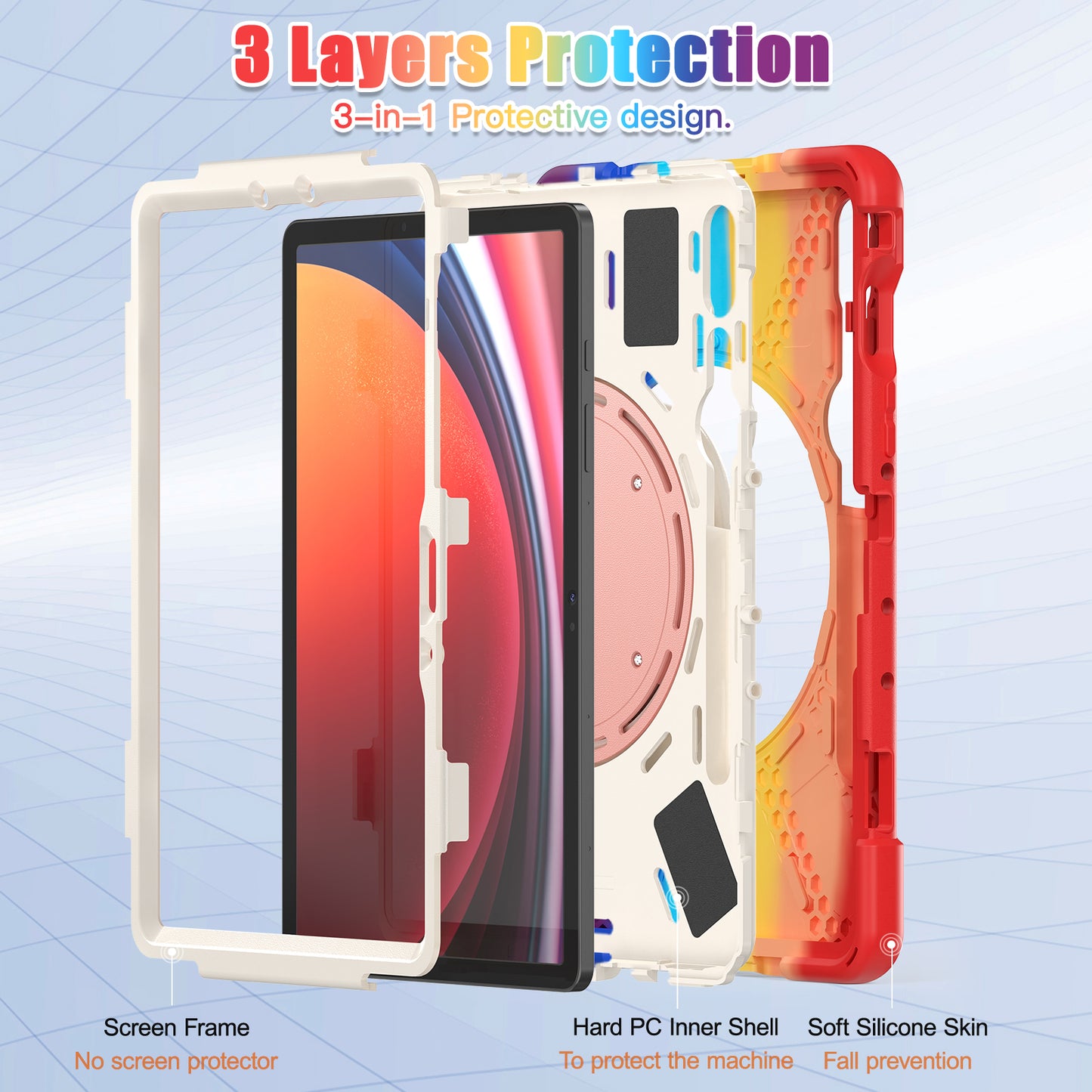 For Samsung Galaxy Tab S9 FE / S9 / S8 / S7 Hard PC+Soft Silicone Case Rotating Kickstand Shockproof Tablet Cover - Colorful Red