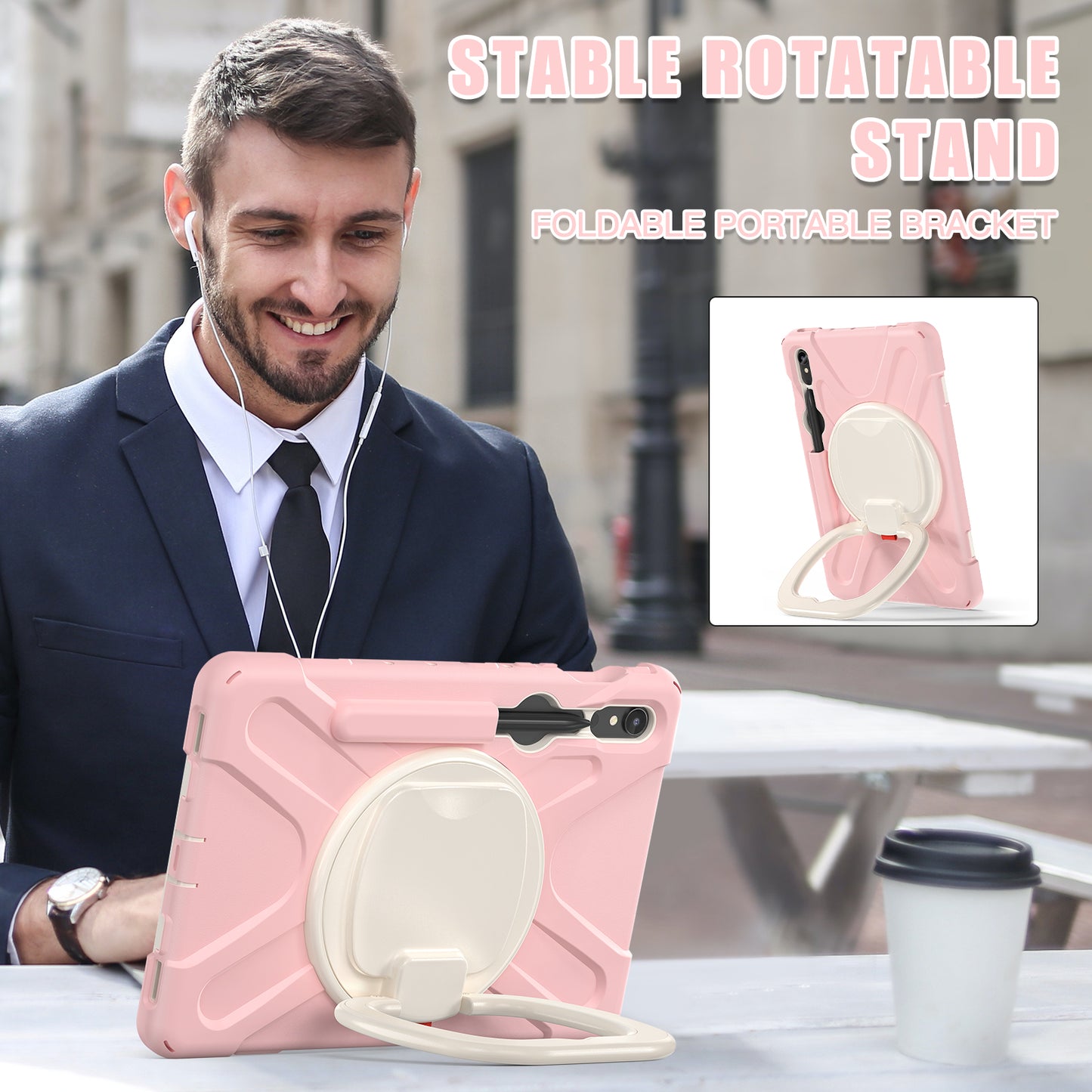 For Samsung Galaxy Tab S9 FE / S9 / S8 / S7 Hard PC+Soft Silicone Case Rotating Kickstand Shockproof Tablet Cover - Pink