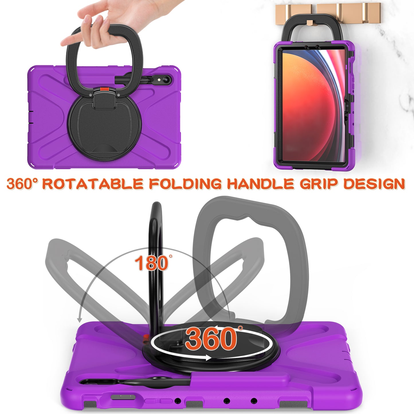 For Samsung Galaxy Tab S9 FE / S9 / S8 / S7 Hard PC+Soft Silicone Case Rotating Kickstand Shockproof Tablet Cover - Purple