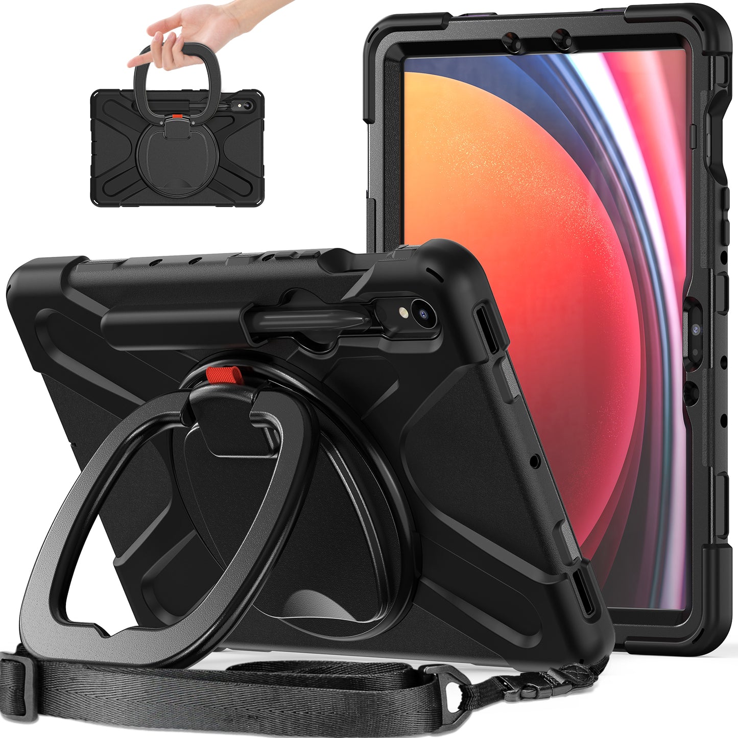 For Samsung Galaxy Tab S9 FE / S9 / S8 / S7 PC+Silicone Protective Case Rotating Kickstand Rugged Tablet Cover with Shoulder Strap - Black+Black
