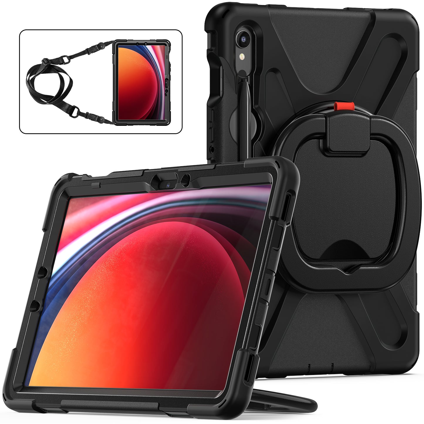 For Samsung Galaxy Tab S9 FE / S9 / S8 / S7 PC+Silicone Protective Case Rotating Kickstand Rugged Tablet Cover with Shoulder Strap - Black+Black