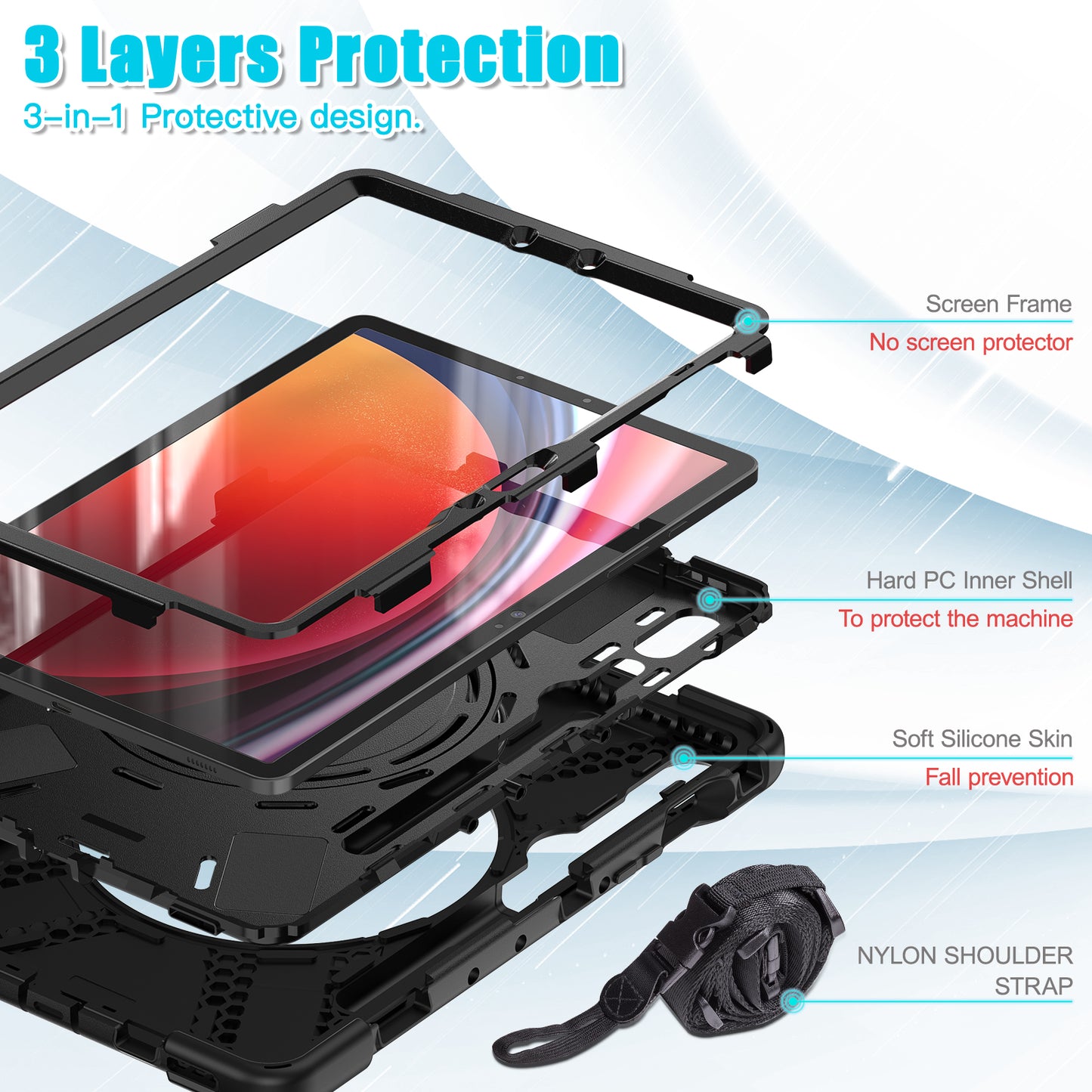 For Samsung Galaxy Tab S9 FE / S9 / S8 / S7 PC+Silicone Protective Case Rotating Kickstand Rugged Tablet Cover with Shoulder Strap - Black+Black