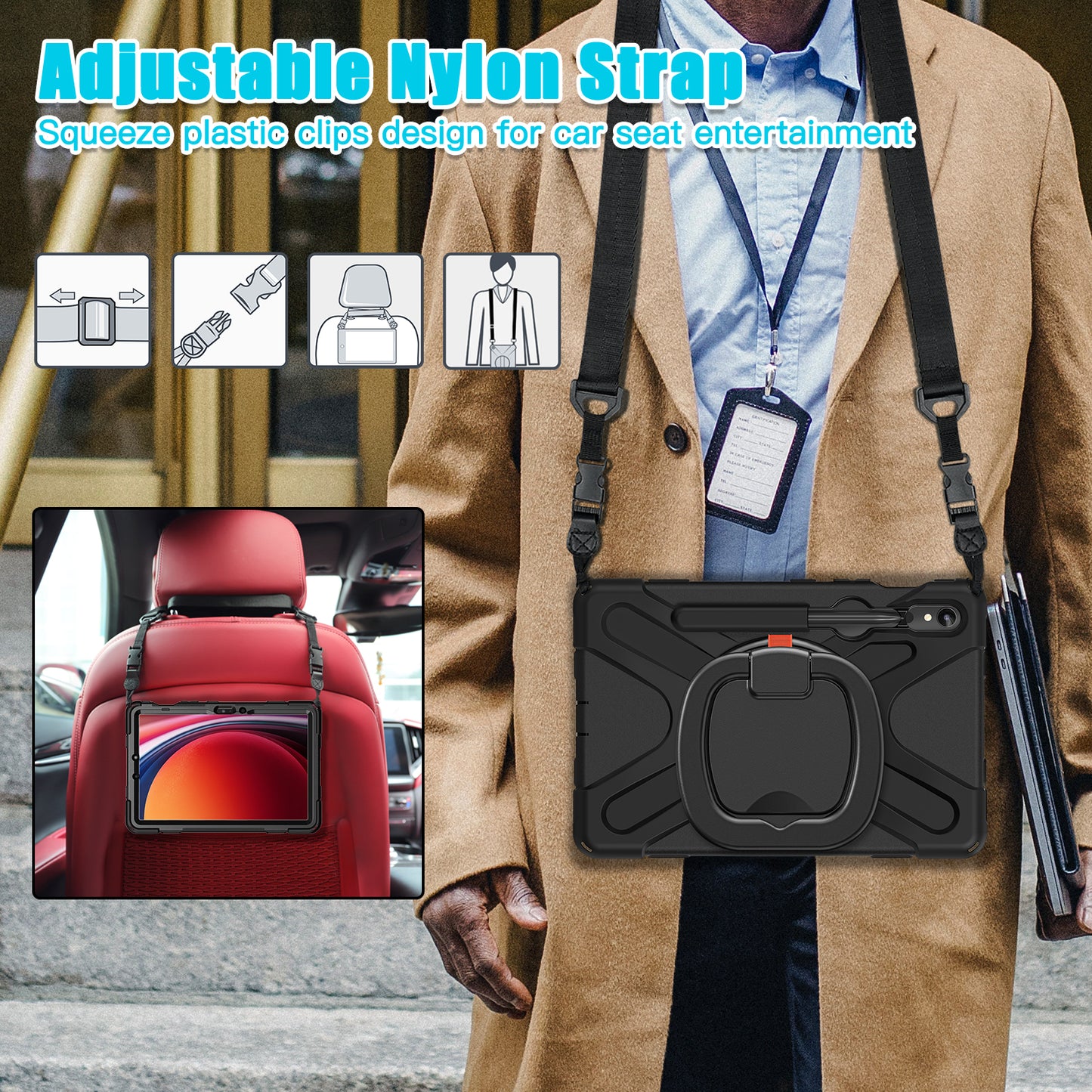 For Samsung Galaxy Tab S9 FE / S9 / S8 / S7 PC+Silicone Protective Case Rotating Kickstand Rugged Tablet Cover with Shoulder Strap - Black+Black