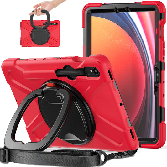 For Samsung Galaxy Tab S9 FE / S9 / S8 / S7 PC+Silicone Protective Case Rotating Kickstand Rugged Tablet Cover with Shoulder Strap - Red+Black