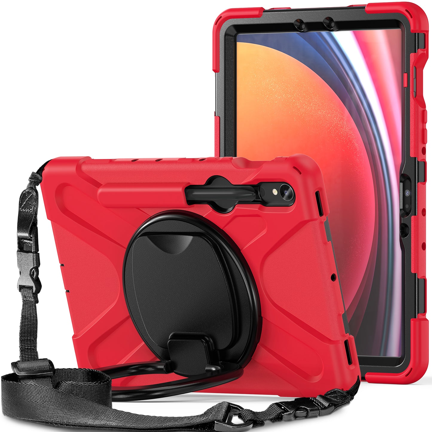 For Samsung Galaxy Tab S9 FE / S9 / S8 / S7 PC+Silicone Protective Case Rotating Kickstand Rugged Tablet Cover with Shoulder Strap - Red+Black