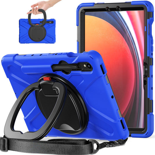 For Samsung Galaxy Tab S9 FE / S9 / S8 / S7 PC+Silicone Protective Case Rotating Kickstand Rugged Tablet Cover with Shoulder Strap - Blue+Black