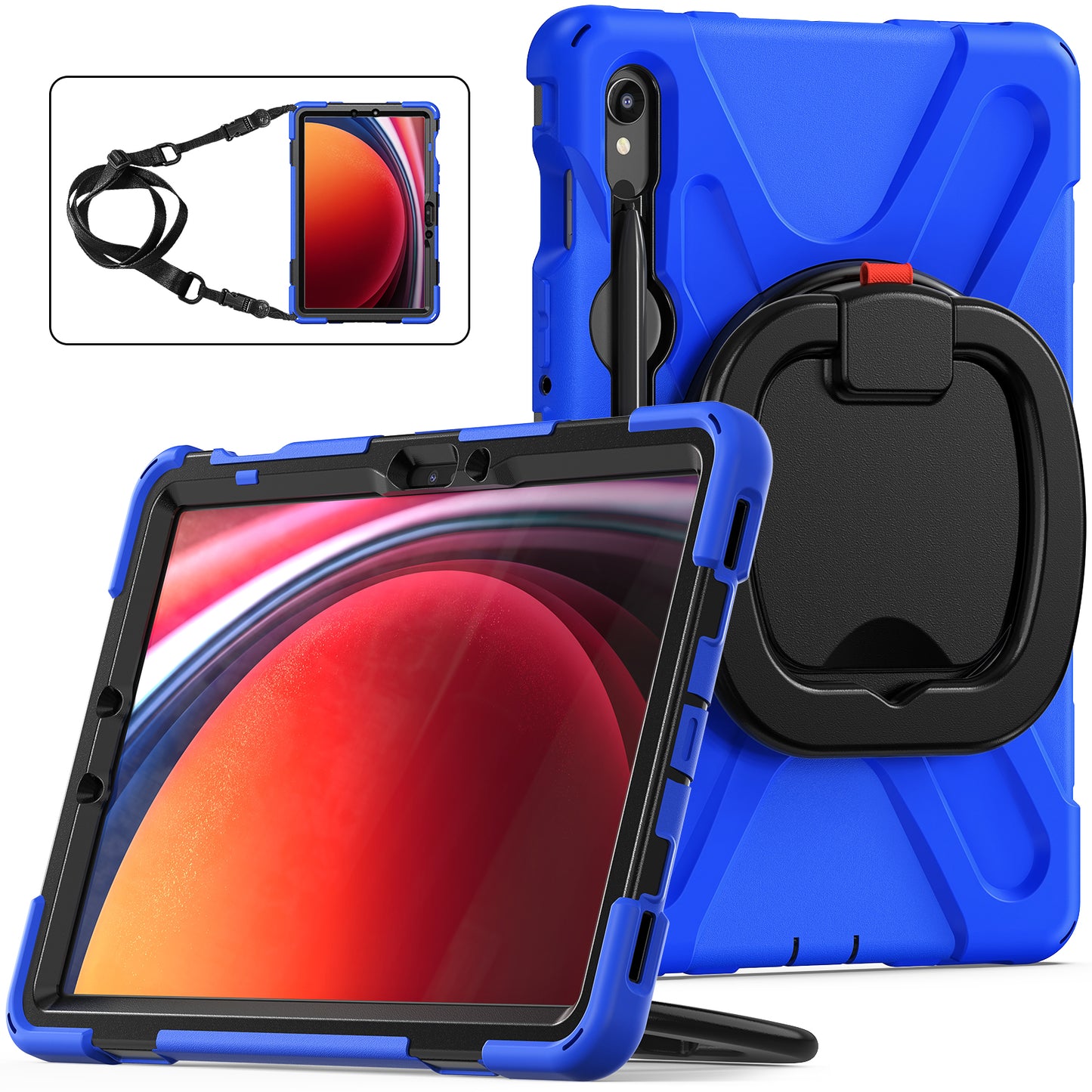 For Samsung Galaxy Tab S9 FE / S9 / S8 / S7 PC+Silicone Protective Case Rotating Kickstand Rugged Tablet Cover with Shoulder Strap - Blue+Black