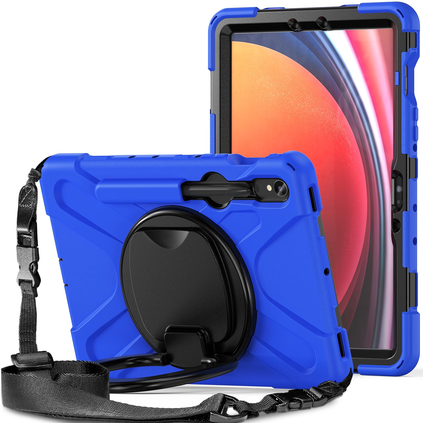 For Samsung Galaxy Tab S9 FE / S9 / S8 / S7 PC+Silicone Protective Case Rotating Kickstand Rugged Tablet Cover with Shoulder Strap - Blue+Black