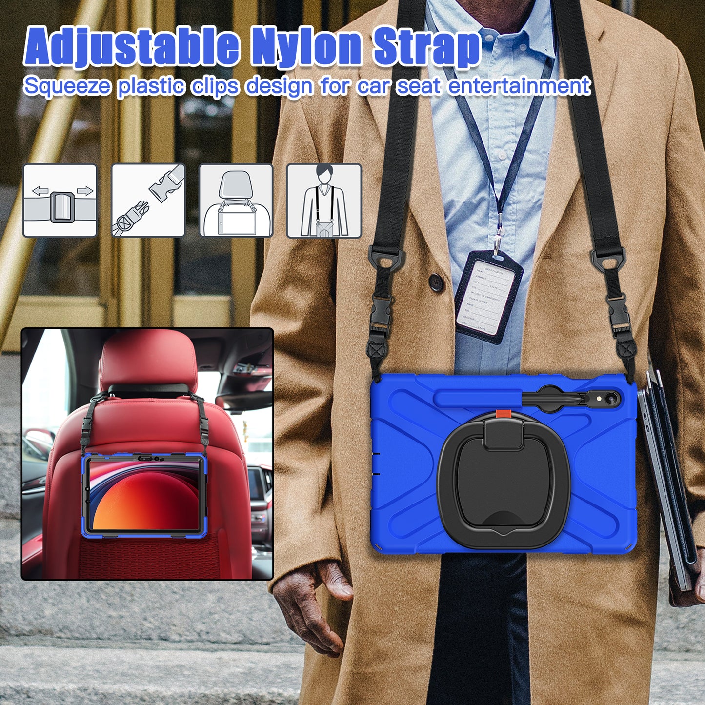 For Samsung Galaxy Tab S9 FE / S9 / S8 / S7 PC+Silicone Protective Case Rotating Kickstand Rugged Tablet Cover with Shoulder Strap - Blue+Black