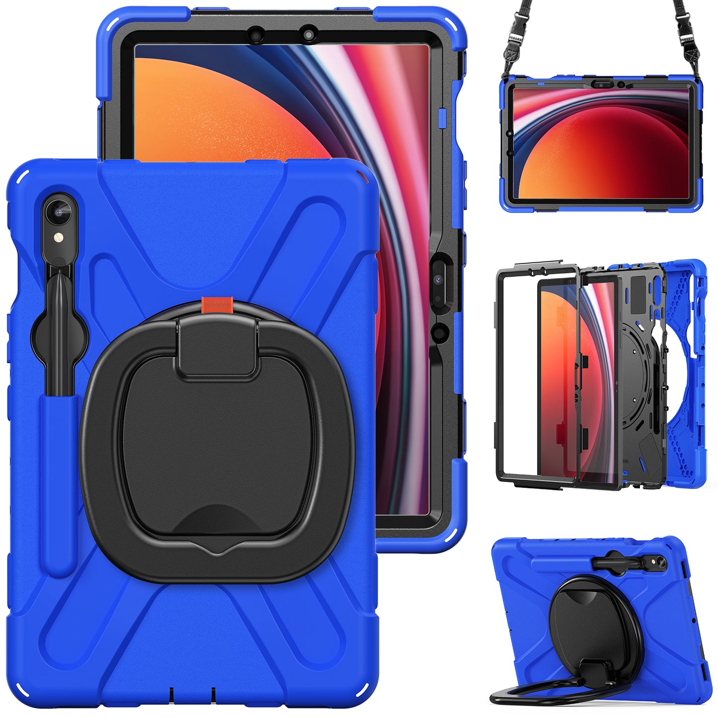 For Samsung Galaxy Tab S9 FE / S9 / S8 / S7 PC+Silicone Protective Case Rotating Kickstand Rugged Tablet Cover with Shoulder Strap - Blue+Black