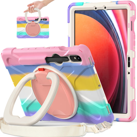 For Samsung Galaxy Tab S9 FE / S9 / S8 / S7 PC+Silicone Protective Case Rotating Kickstand Rugged Tablet Cover with Shoulder Strap - Colorful Pink