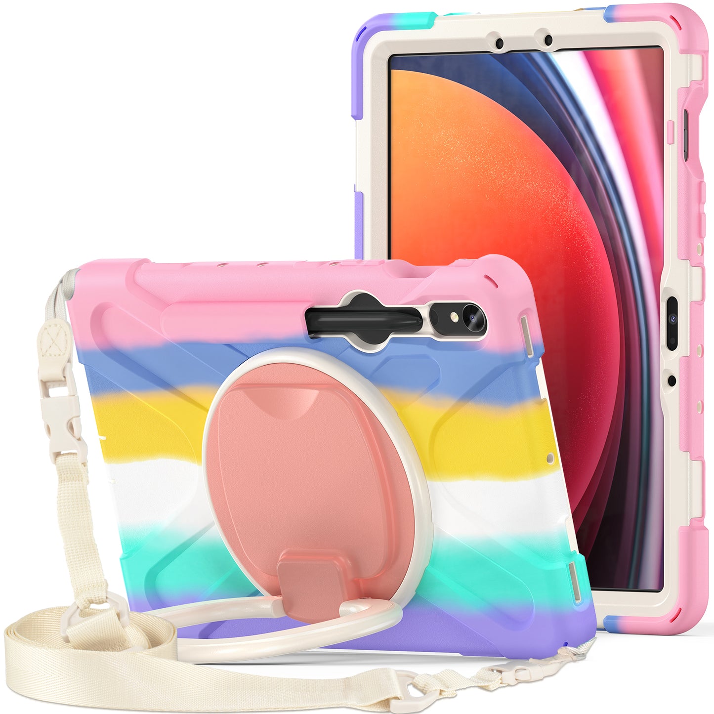 For Samsung Galaxy Tab S9 FE / S9 / S8 / S7 PC+Silicone Protective Case Rotating Kickstand Rugged Tablet Cover with Shoulder Strap - Colorful Pink