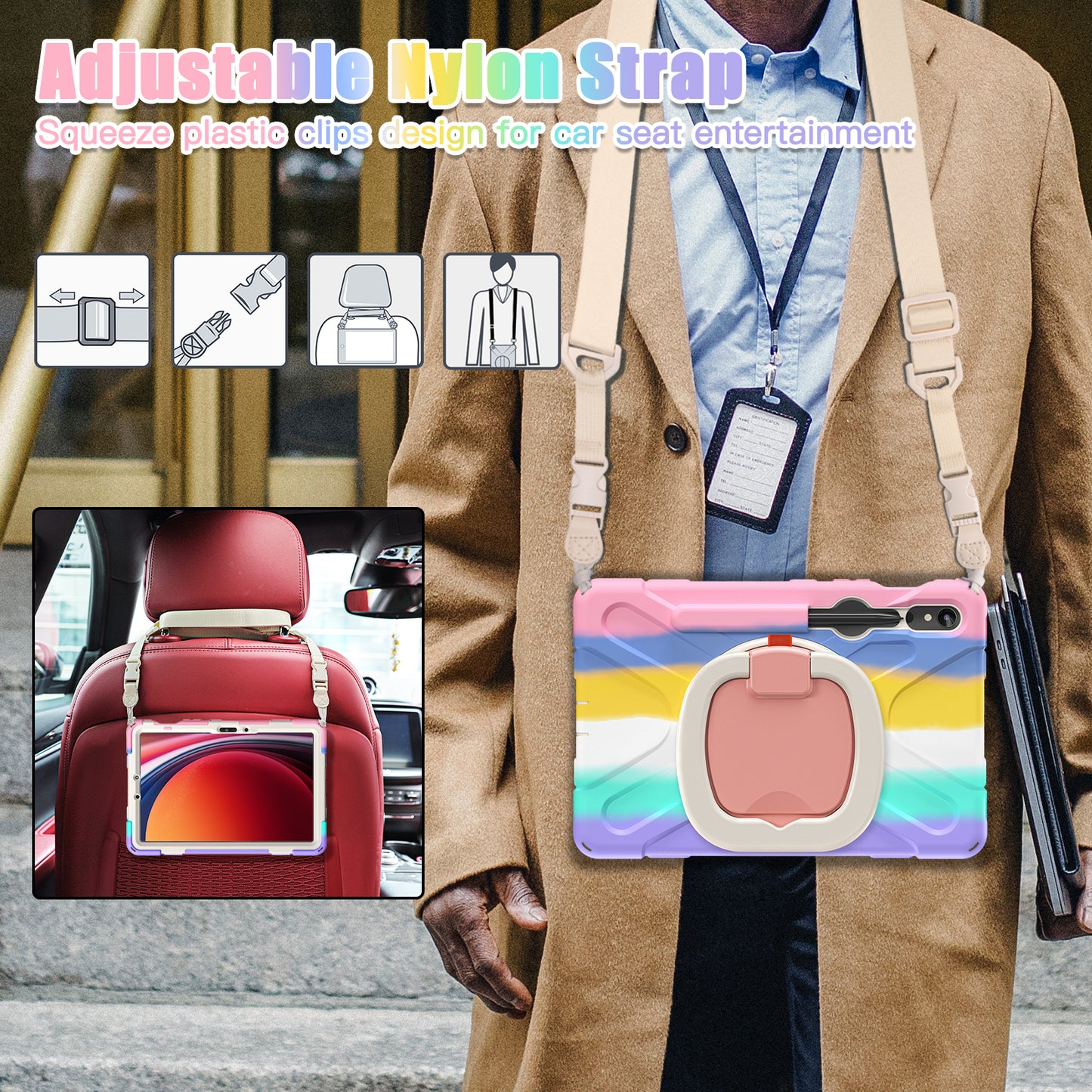 For Samsung Galaxy Tab S9 FE / S9 / S8 / S7 PC+Silicone Protective Case Rotating Kickstand Rugged Tablet Cover with Shoulder Strap - Colorful Pink