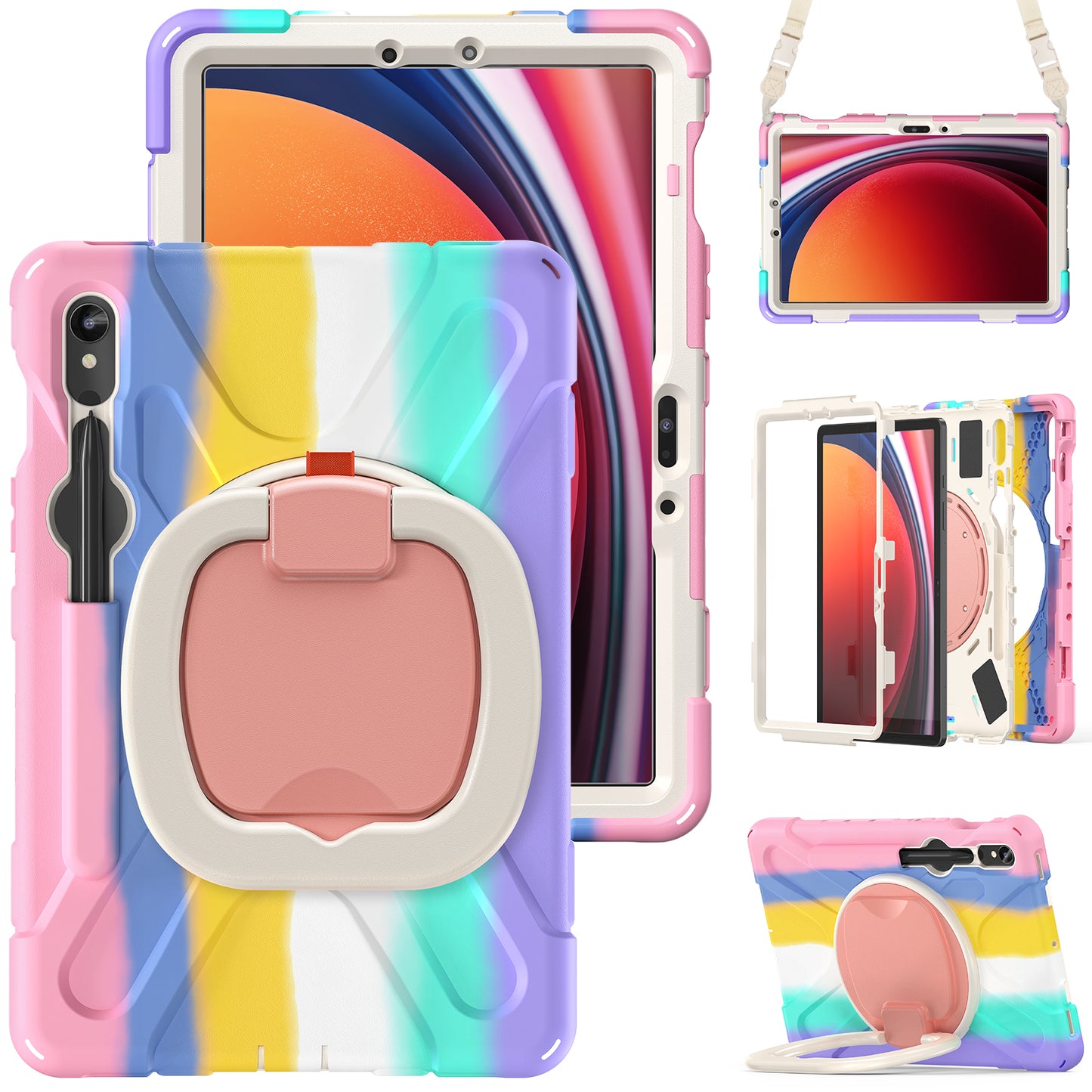 For Samsung Galaxy Tab S9 FE / S9 / S8 / S7 PC+Silicone Protective Case Rotating Kickstand Rugged Tablet Cover with Shoulder Strap - Colorful Pink
