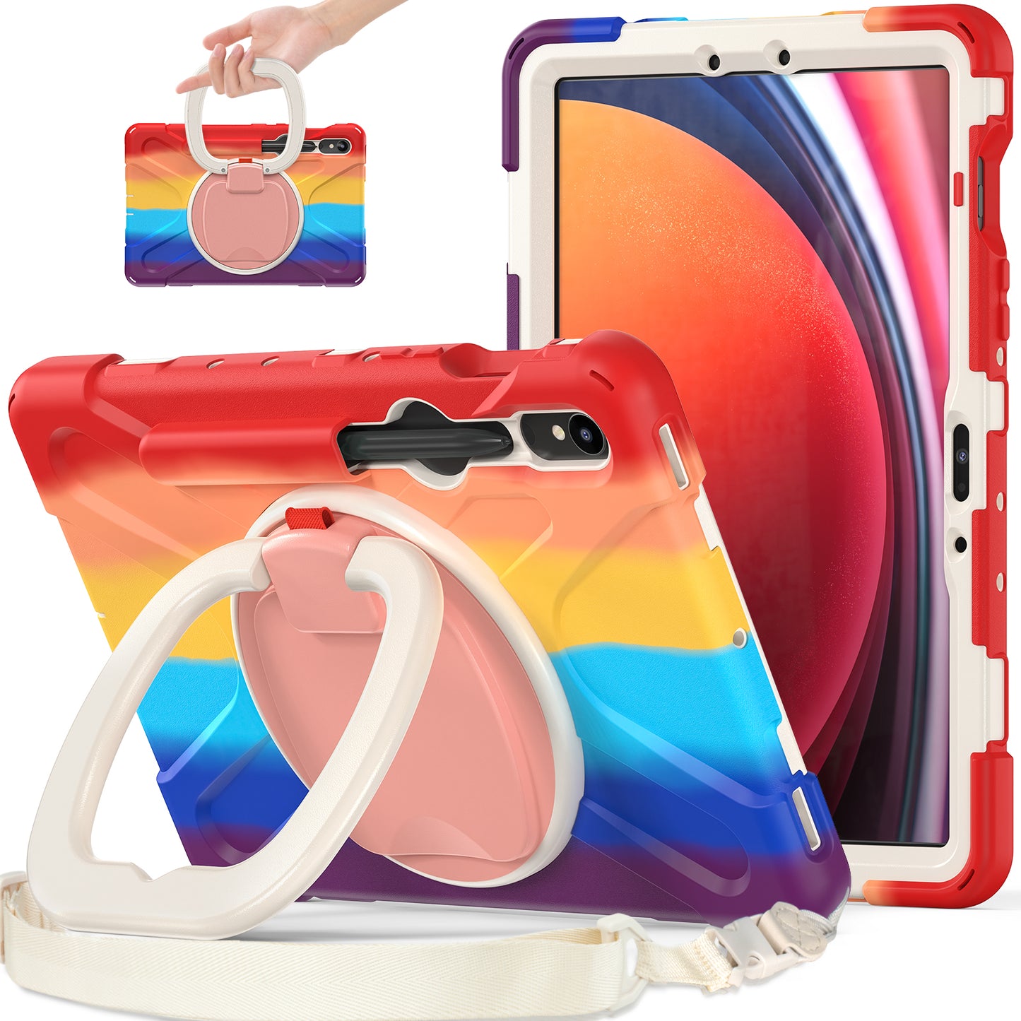 For Samsung Galaxy Tab S9 FE / S9 / S8 / S7 PC+Silicone Protective Case Rotating Kickstand Rugged Tablet Cover with Shoulder Strap - Colorful Red