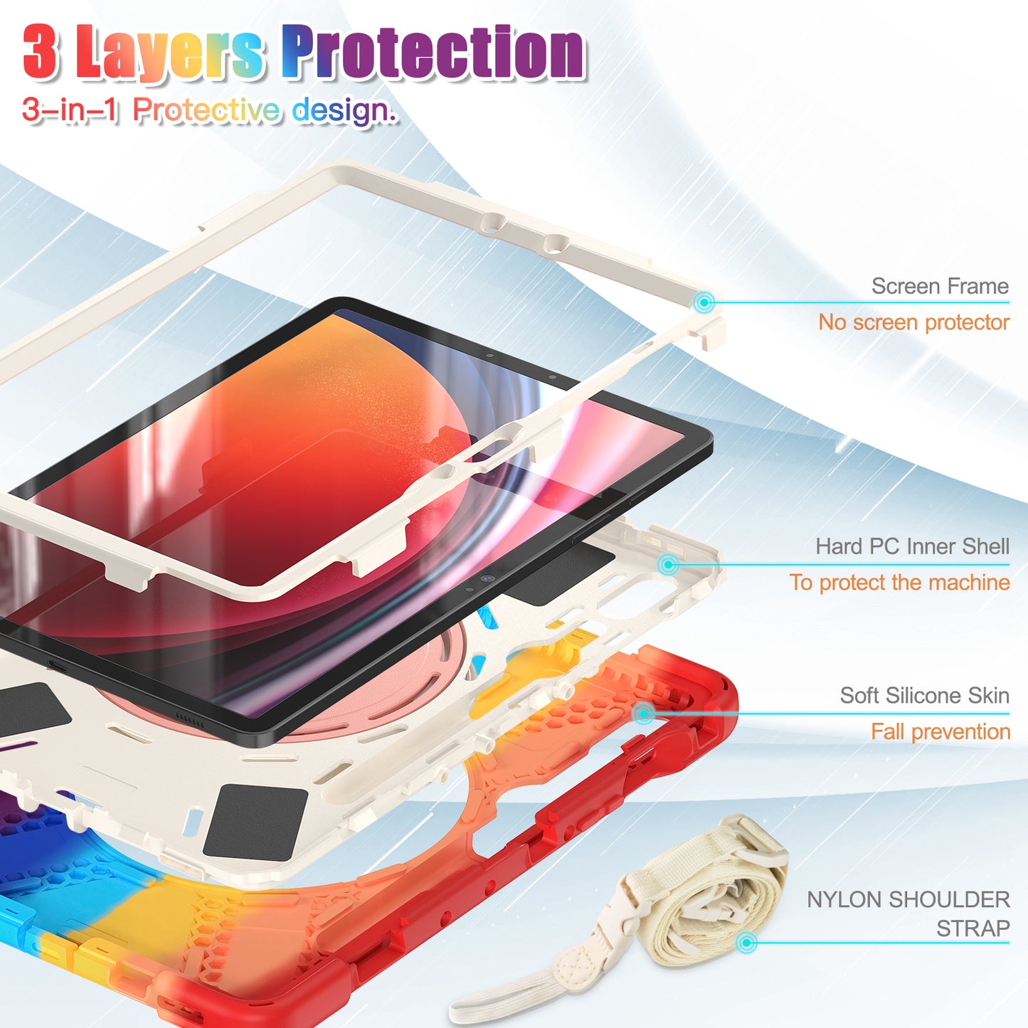 For Samsung Galaxy Tab S9 FE / S9 / S8 / S7 PC+Silicone Protective Case Rotating Kickstand Rugged Tablet Cover with Shoulder Strap - Colorful Red