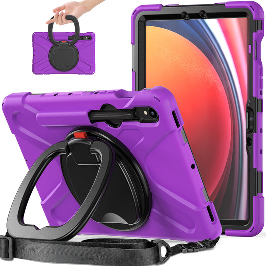 For Samsung Galaxy Tab S9 FE / S9 / S8 / S7 PC+Silicone Protective Case Rotating Kickstand Rugged Tablet Cover with Shoulder Strap - Purple