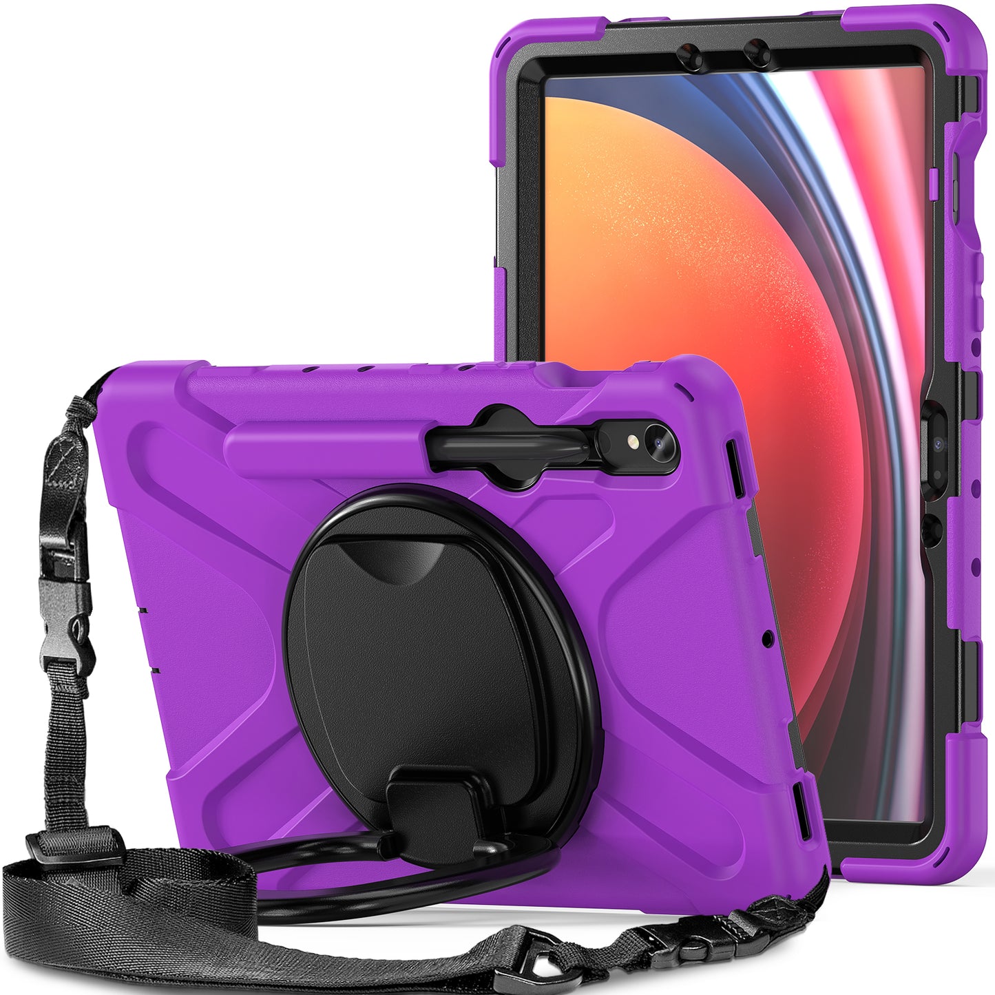 For Samsung Galaxy Tab S9 FE / S9 / S8 / S7 PC+Silicone Protective Case Rotating Kickstand Rugged Tablet Cover with Shoulder Strap - Purple