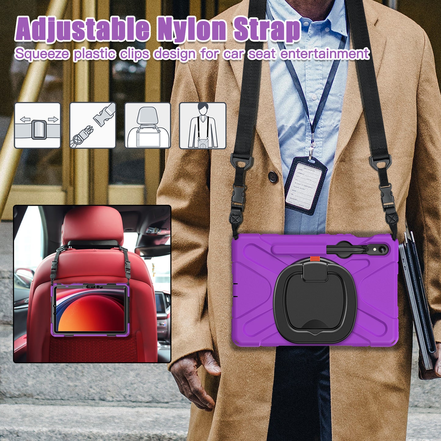 For Samsung Galaxy Tab S9 FE / S9 / S8 / S7 PC+Silicone Protective Case Rotating Kickstand Rugged Tablet Cover with Shoulder Strap - Purple