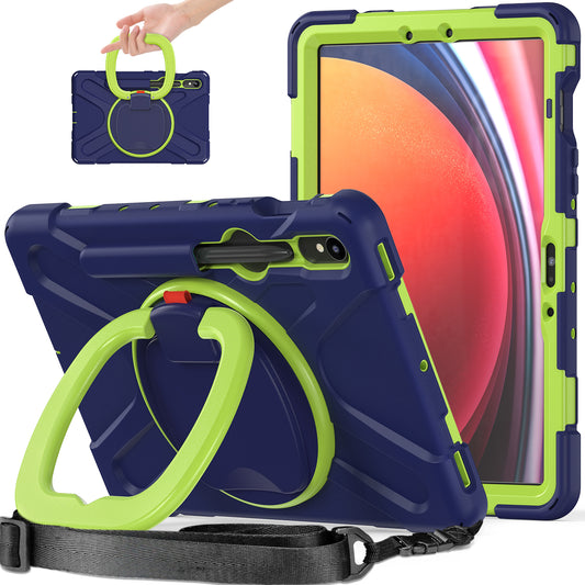 For Samsung Galaxy Tab S9 FE / S9 / S8 / S7 PC+Silicone Protective Case Rotating Kickstand Rugged Tablet Cover with Shoulder Strap - Navy Blue+Yellowgreen