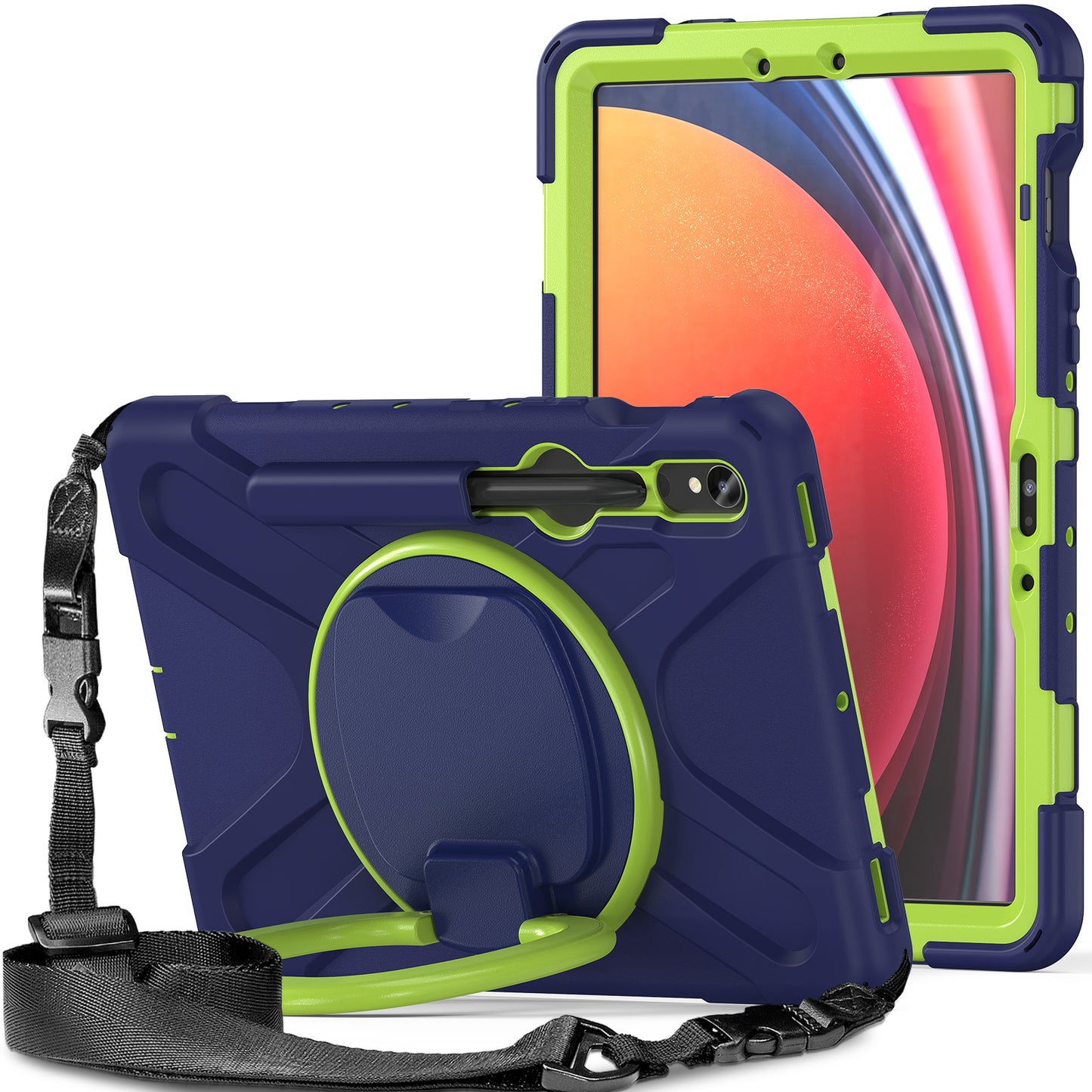 For Samsung Galaxy Tab S9 FE / S9 / S8 / S7 PC+Silicone Protective Case Rotating Kickstand Rugged Tablet Cover with Shoulder Strap - Navy Blue+Yellowgreen