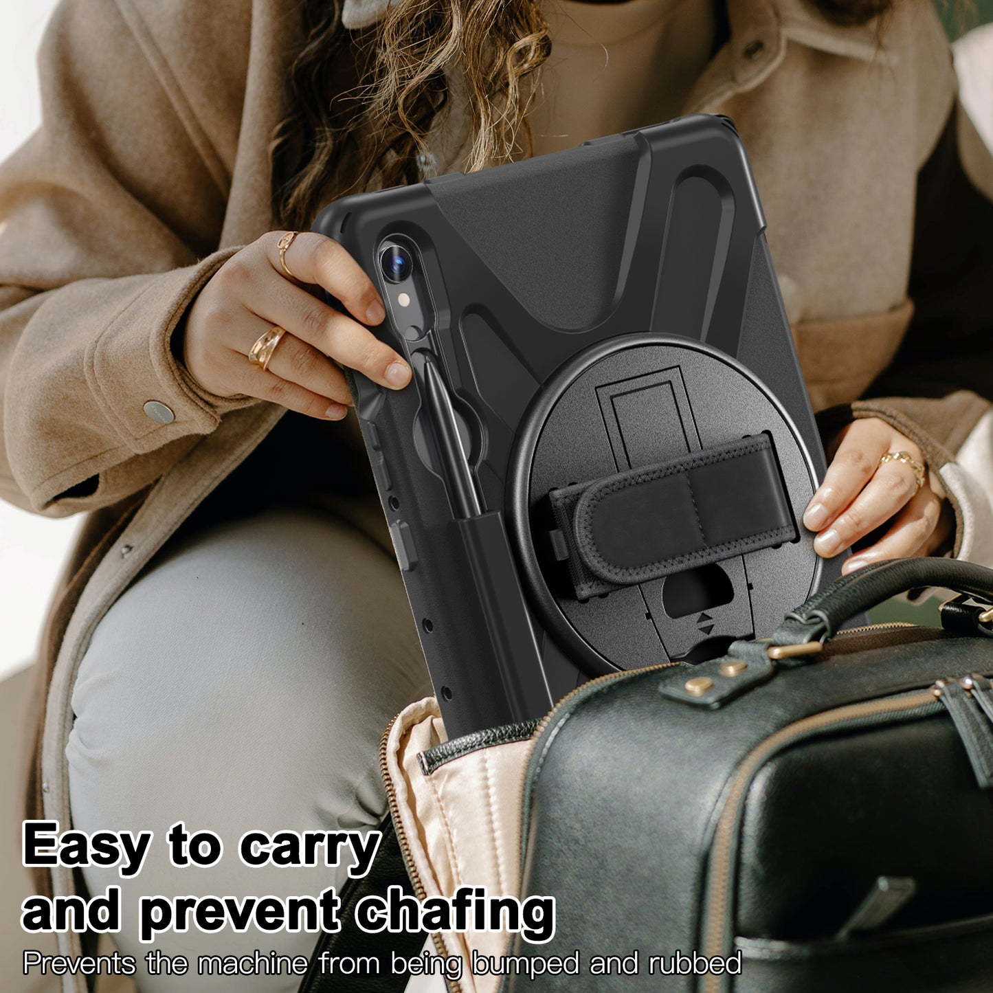 For Samsung Galaxy Tab S9 FE / S9 X710 / S8 X700 / S7 T870 Wrist Strap Tablet Case PC+Silicone Kickstand Protective Cover - Black