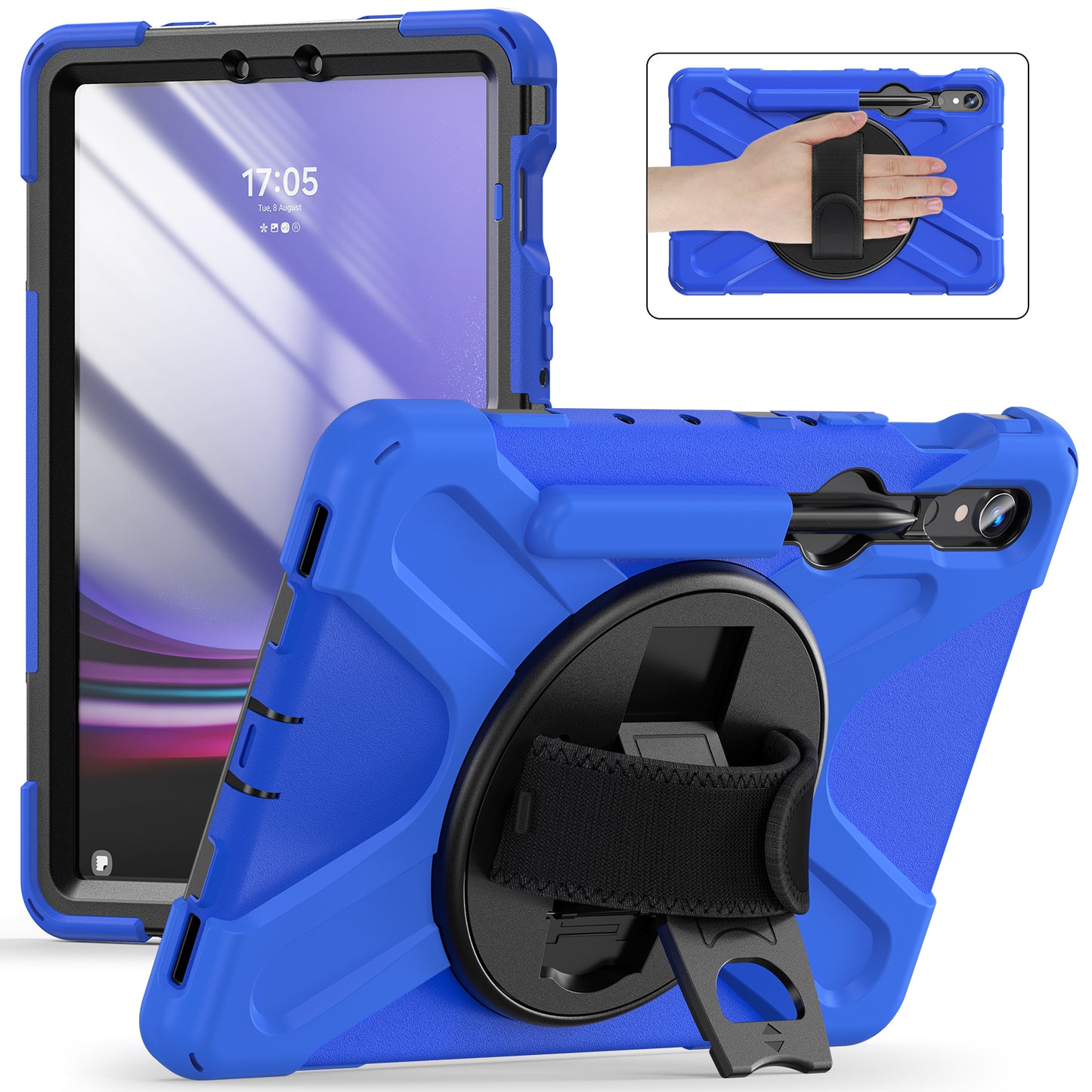 For Samsung Galaxy Tab S9 FE / S9 X710 / S8 X700 / S7 T870 Wrist Strap Tablet Case PC+Silicone Kickstand Protective Cover - Blue