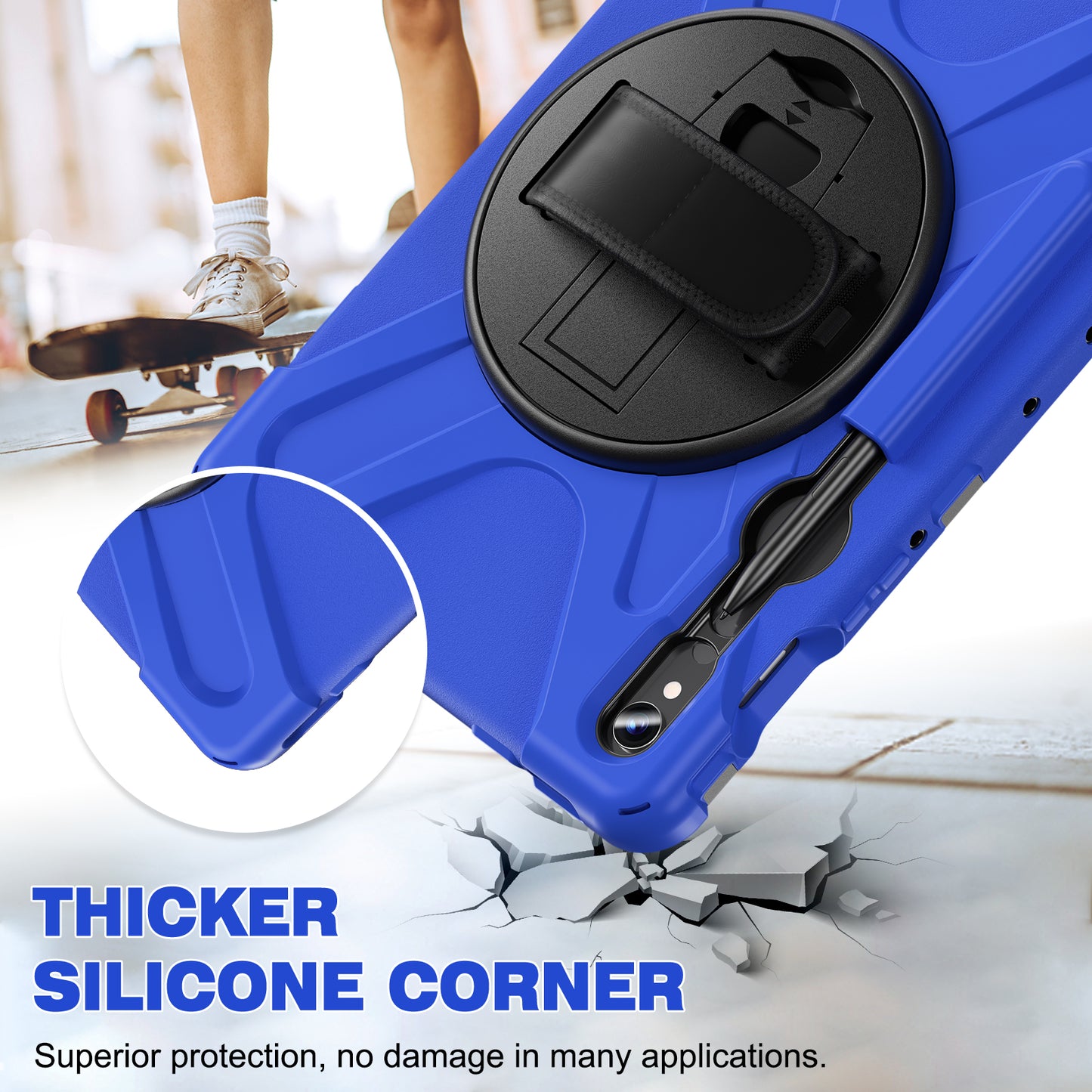 For Samsung Galaxy Tab S9 FE / S9 X710 / S8 X700 / S7 T870 Wrist Strap Tablet Case PC+Silicone Kickstand Protective Cover - Blue