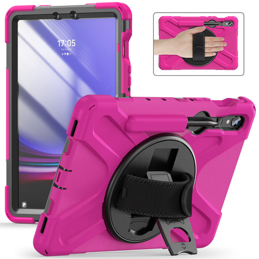 For Samsung Galaxy Tab S9 FE / S9 X710 / S8 X700 / S7 T870 Wrist Strap Tablet Case PC+Silicone Kickstand Protective Cover - Rose