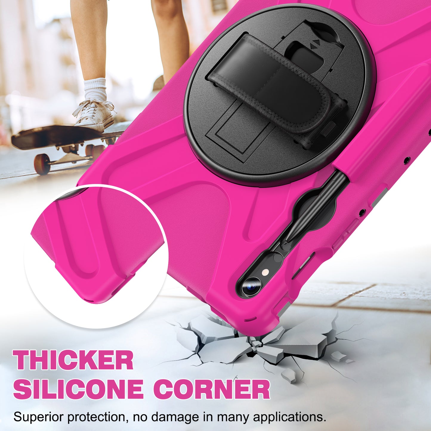 For Samsung Galaxy Tab S9 FE / S9 X710 / S8 X700 / S7 T870 Wrist Strap Tablet Case PC+Silicone Kickstand Protective Cover - Rose