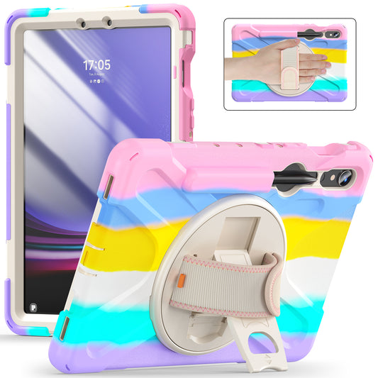 For Samsung Galaxy Tab S9 FE / S9 X710 / S8 X700 / S7 T870 Wrist Strap Tablet Case PC+Silicone Kickstand Protective Cover - Colorful Pink