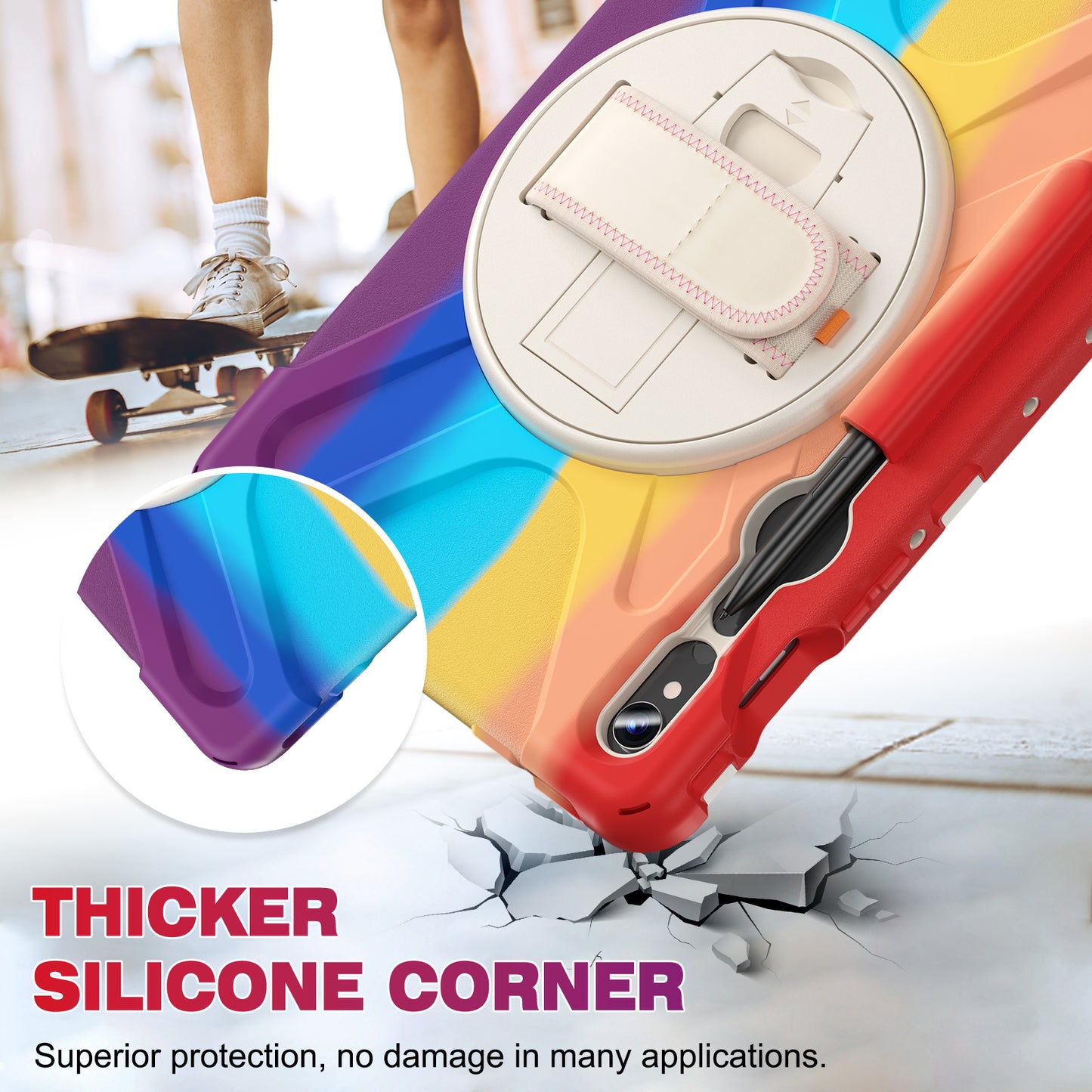 For Samsung Galaxy Tab S9 FE / S9 X710  / S8 X700 / S7 T870 Wrist Strap Tablet Case PC+Silicone Kickstand Protective Cover - Colorful Red