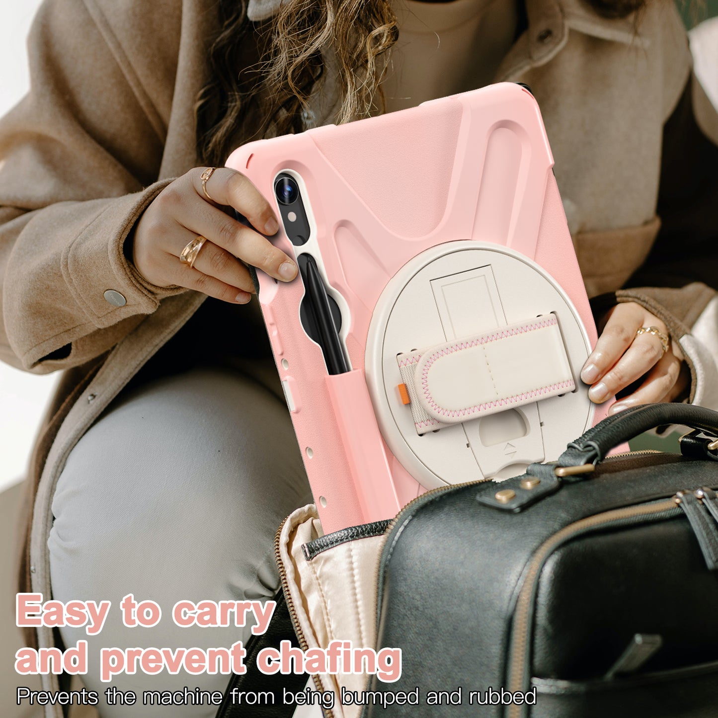 For Samsung Galaxy Tab S9 FE / S9 X710 / S8 X700 / S7 T870 Wrist Strap Tablet Case PC+Silicone Kickstand Protective Cover - Pink