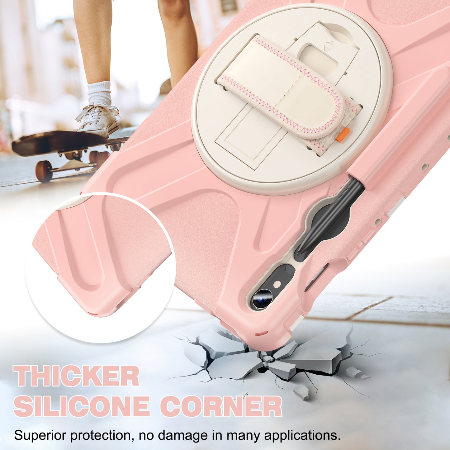 For Samsung Galaxy Tab S9 FE / S9 X710 / S8 X700 / S7 T870 Wrist Strap Tablet Case PC+Silicone Kickstand Protective Cover - Pink