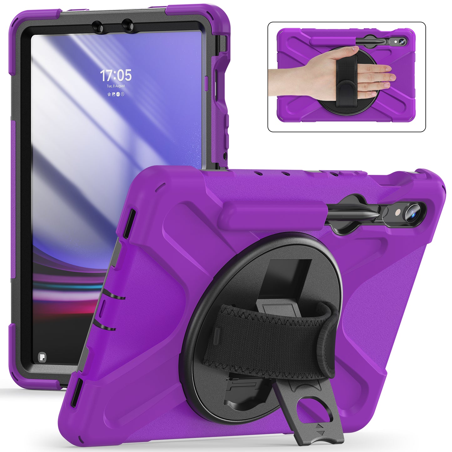 For Samsung Galaxy Tab S9 FE / S9 X710 / S8 X700 / S7 T870 Wrist Strap Tablet Case PC+Silicone Kickstand Protective Cover - Purple