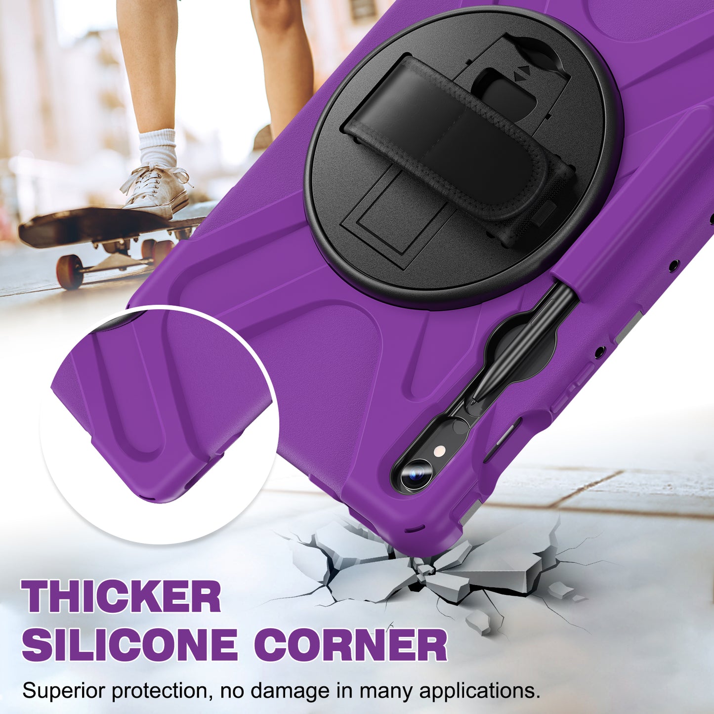 For Samsung Galaxy Tab S9 FE / S9 X710 / S8 X700 / S7 T870 Wrist Strap Tablet Case PC+Silicone Kickstand Protective Cover - Purple