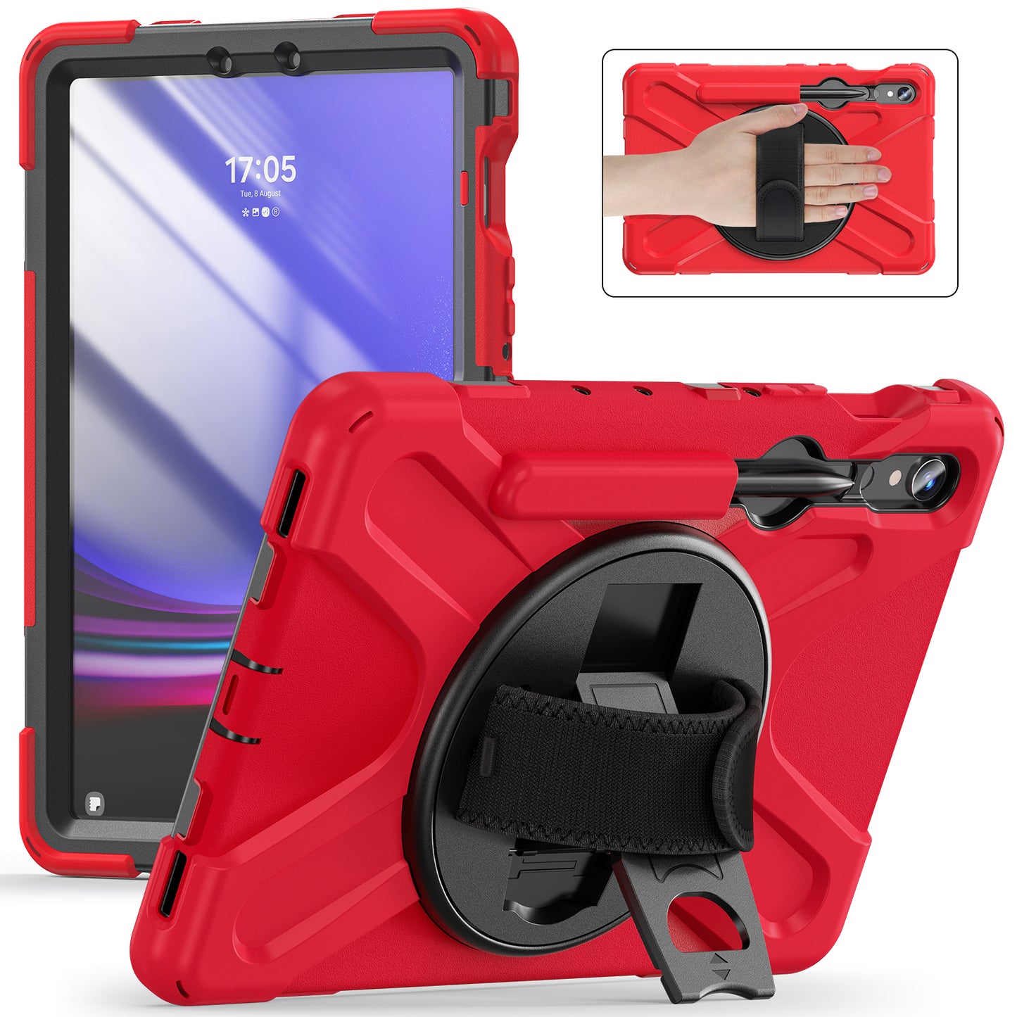 For Samsung Galaxy Tab S9 FE / S9 X710 / S8 X700 / S7 T870 Wrist Strap Tablet Case PC+Silicone Kickstand Protective Cover - Red