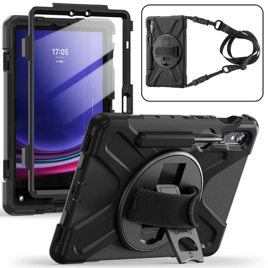 For Samsung Galaxy Tab S9 FE / S9 X710  /  S8 X700  /  S7 T870 PC+Silicone Tablet Case Kickstand Cover with Hand Strap  /  Shoulder Strap - Black