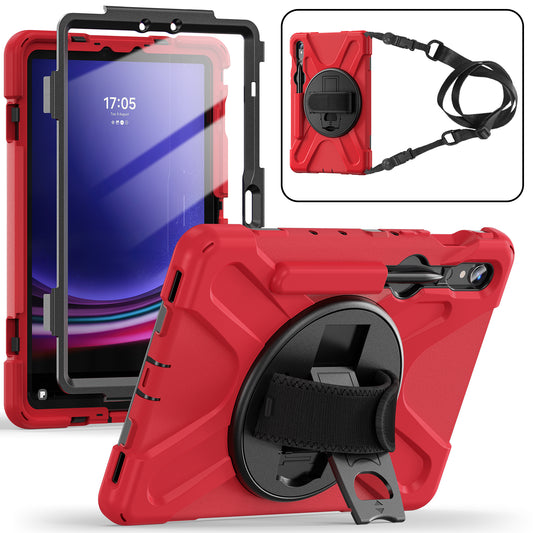 For Samsung Galaxy Tab S9 FE / S9 X710  /  S8 X700  /  S7 T870 PC+Silicone Tablet Case Kickstand Cover with Hand Strap  /  Shoulder Strap - Red