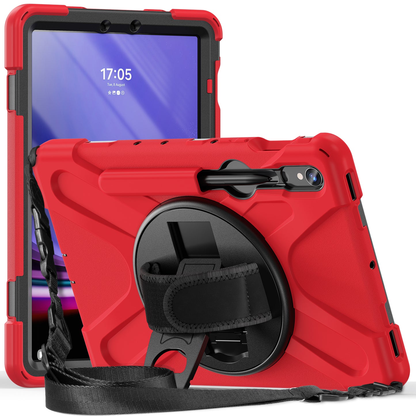 For Samsung Galaxy Tab S9 FE / S9 X710  /  S8 X700  /  S7 T870 PC+Silicone Tablet Case Kickstand Cover with Hand Strap  /  Shoulder Strap - Red