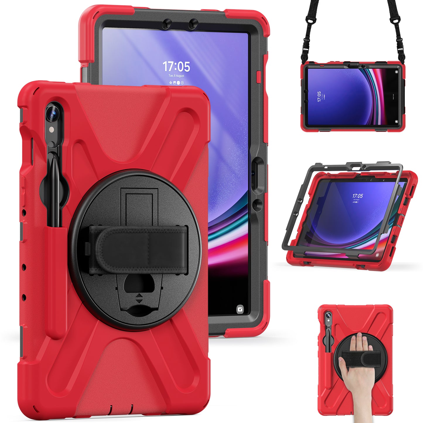 For Samsung Galaxy Tab S9 FE / S9 X710  /  S8 X700  /  S7 T870 PC+Silicone Tablet Case Kickstand Cover with Hand Strap  /  Shoulder Strap - Red
