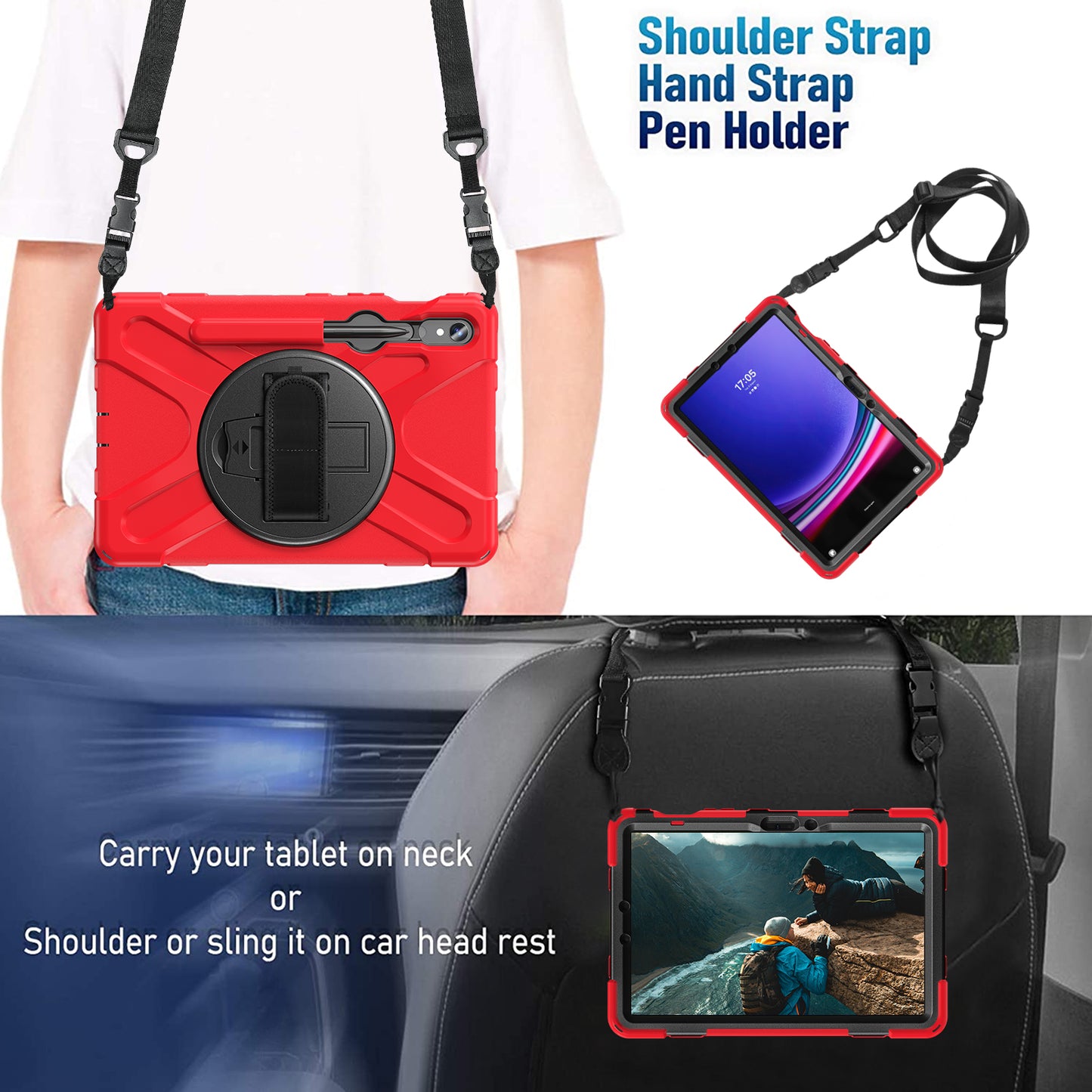 For Samsung Galaxy Tab S9 FE / S9 X710  /  S8 X700  /  S7 T870 PC+Silicone Tablet Case Kickstand Cover with Hand Strap  /  Shoulder Strap - Red