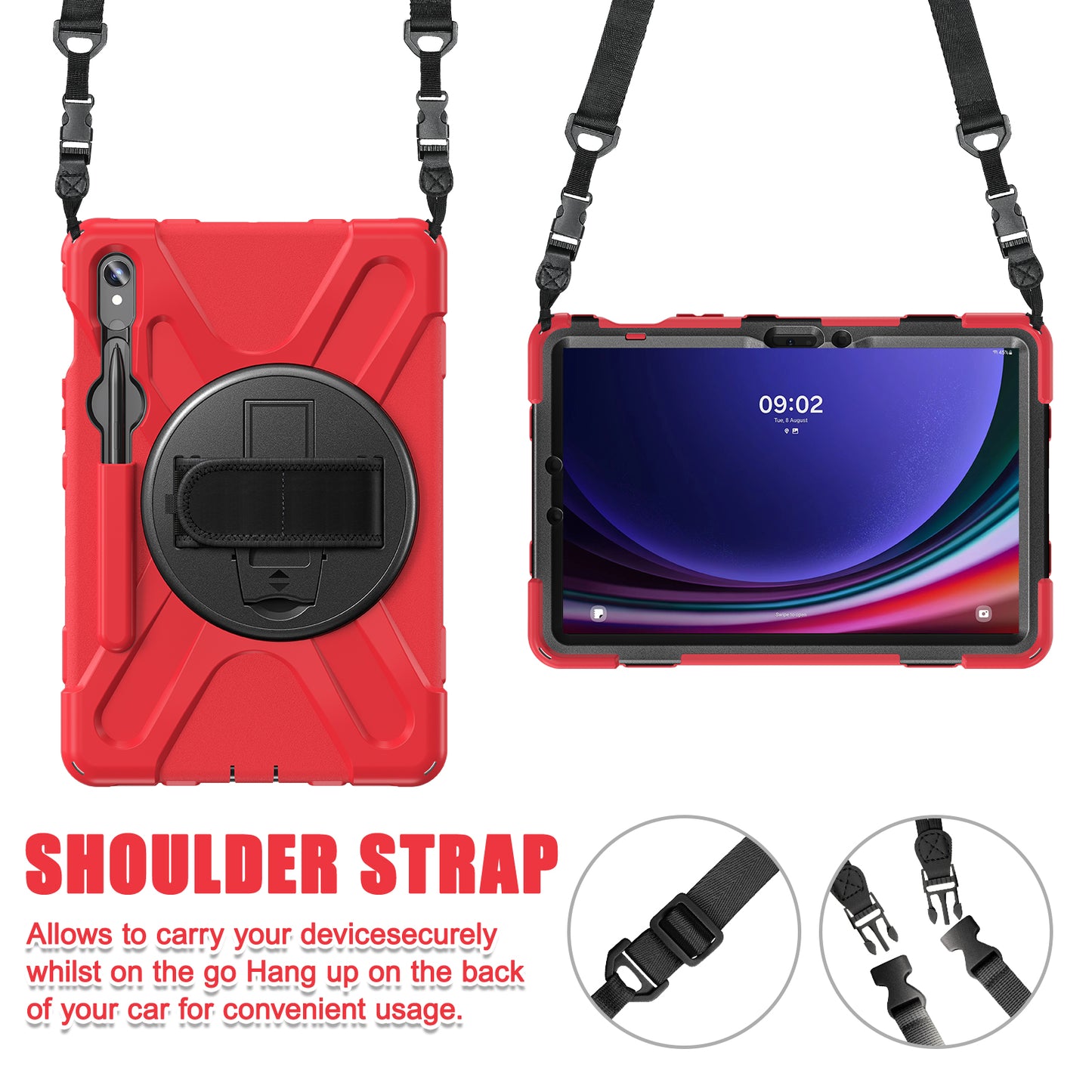 For Samsung Galaxy Tab S9 FE / S9 X710  /  S8 X700  /  S7 T870 PC+Silicone Tablet Case Kickstand Cover with Hand Strap  /  Shoulder Strap - Red