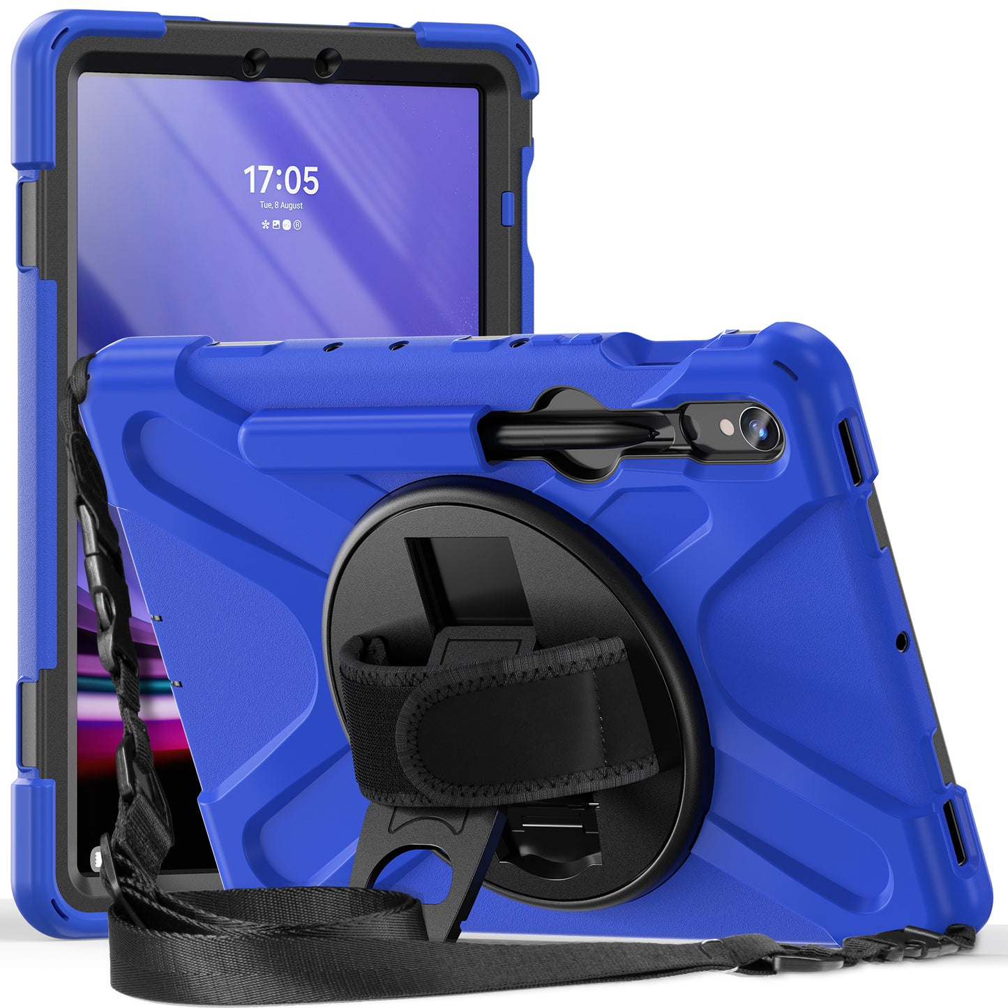 For Samsung Galaxy Tab S9 FE / S9 X710  /  S8 X700  /  S7 T870 PC+Silicone Tablet Case Kickstand Cover with Hand Strap  /  Shoulder Strap - Blue