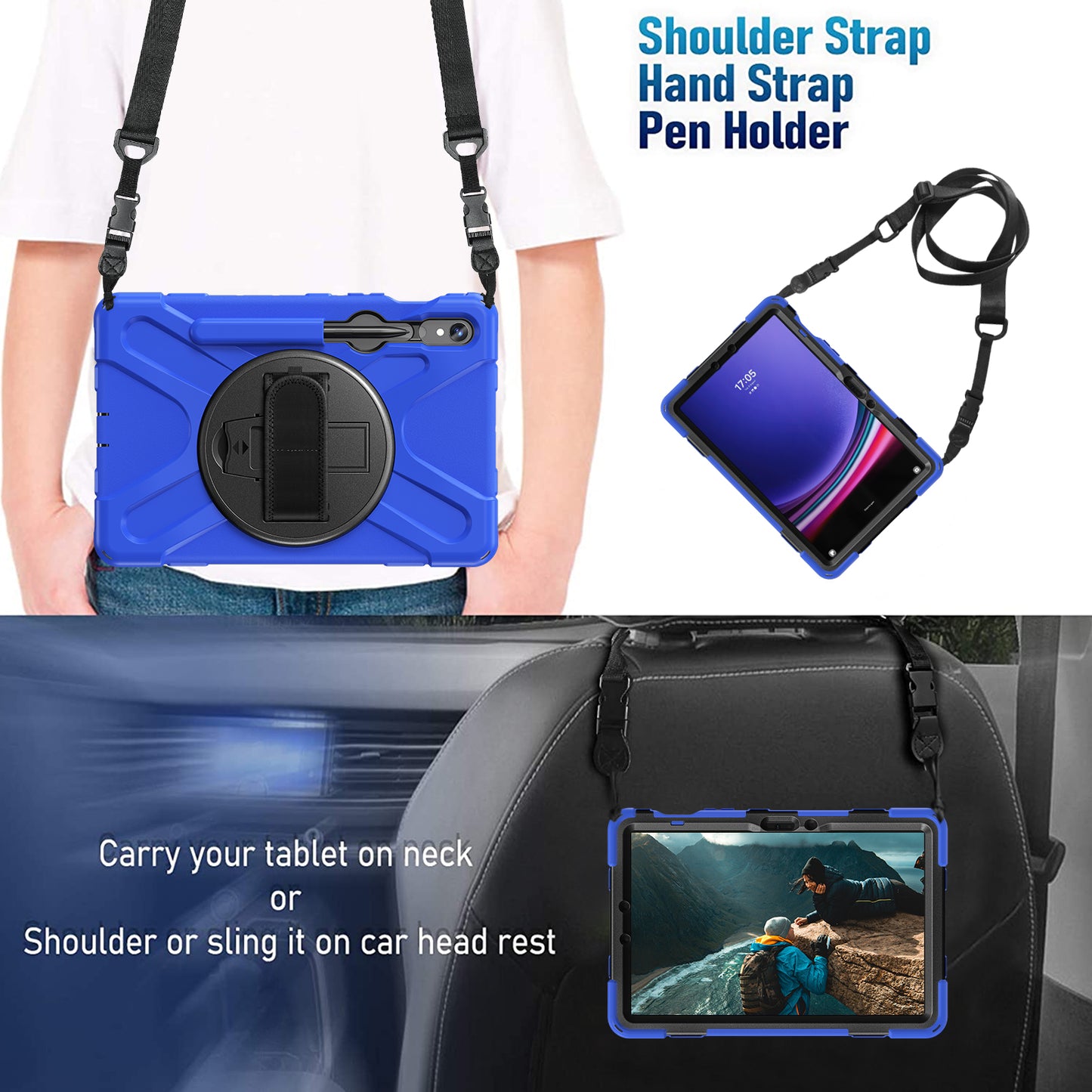 For Samsung Galaxy Tab S9 FE / S9 X710  /  S8 X700  /  S7 T870 PC+Silicone Tablet Case Kickstand Cover with Hand Strap  /  Shoulder Strap - Blue
