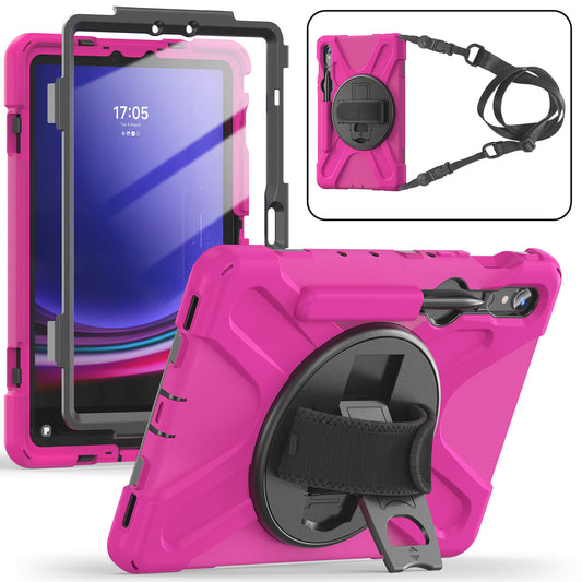 For Samsung Galaxy Tab S9 FE / S9 X710  /  S8 X700  /  S7 T870 PC+Silicone Tablet Case Kickstand Cover with Hand Strap  /  Shoulder Strap - Rose