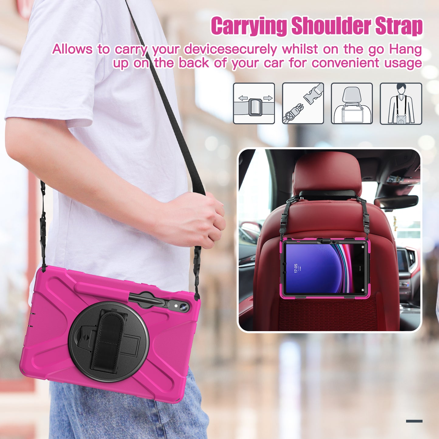 For Samsung Galaxy Tab S9 FE / S9 X710  /  S8 X700  /  S7 T870 PC+Silicone Tablet Case Kickstand Cover with Hand Strap  /  Shoulder Strap - Rose